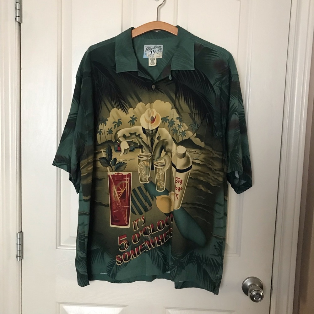 Vintage Big Dogs Hawaiian Green Tropical Graphic Shirt Size Large